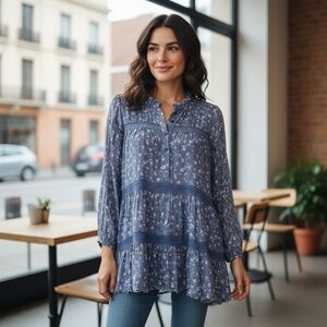 Sundance Blue Floral Boho Peasant "Mylah" 100% Cotton Blouse L